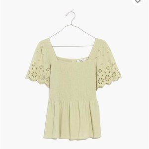 [LIKE NEW] Madewell Eyelet-Sleeve Kate Smocked Top (Faded Seagrass)